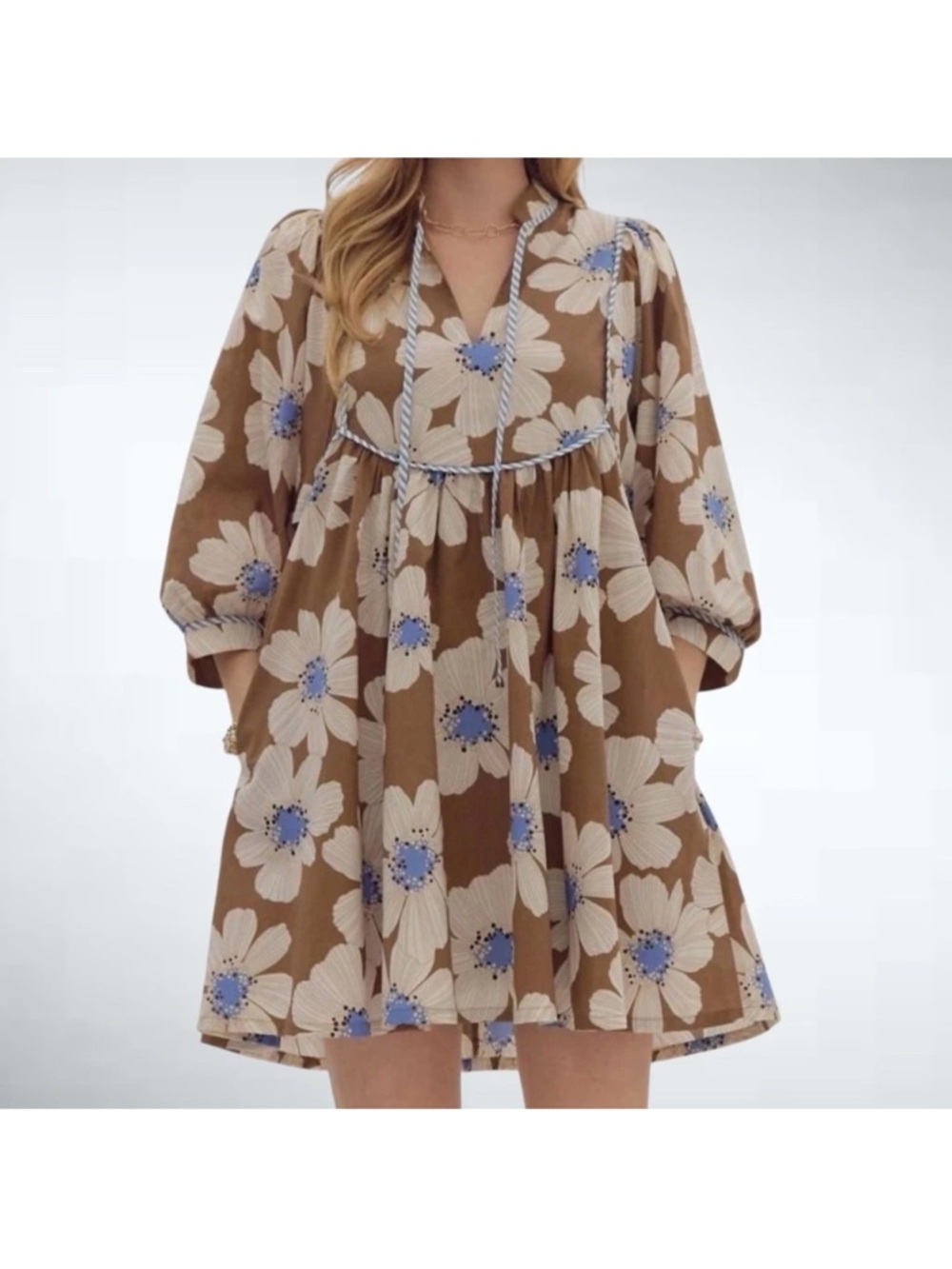 Entro Brown Floral Babydoll Dress with Blue Accents - Picture 4 of 5
